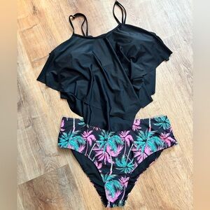 Plus Size Tankini Two Piece Black Tropical Print Size 3x